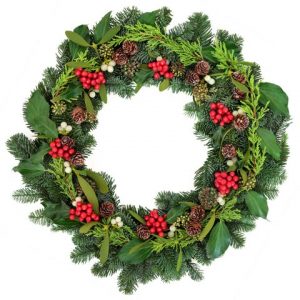 Traditional Christmas Wreath with holly, ivy, mistletoe and win